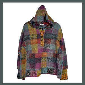 NWT Double Take Full Size Plaid Dropped Shoulder Fleece Hoodie L Cozy Pink Teal
